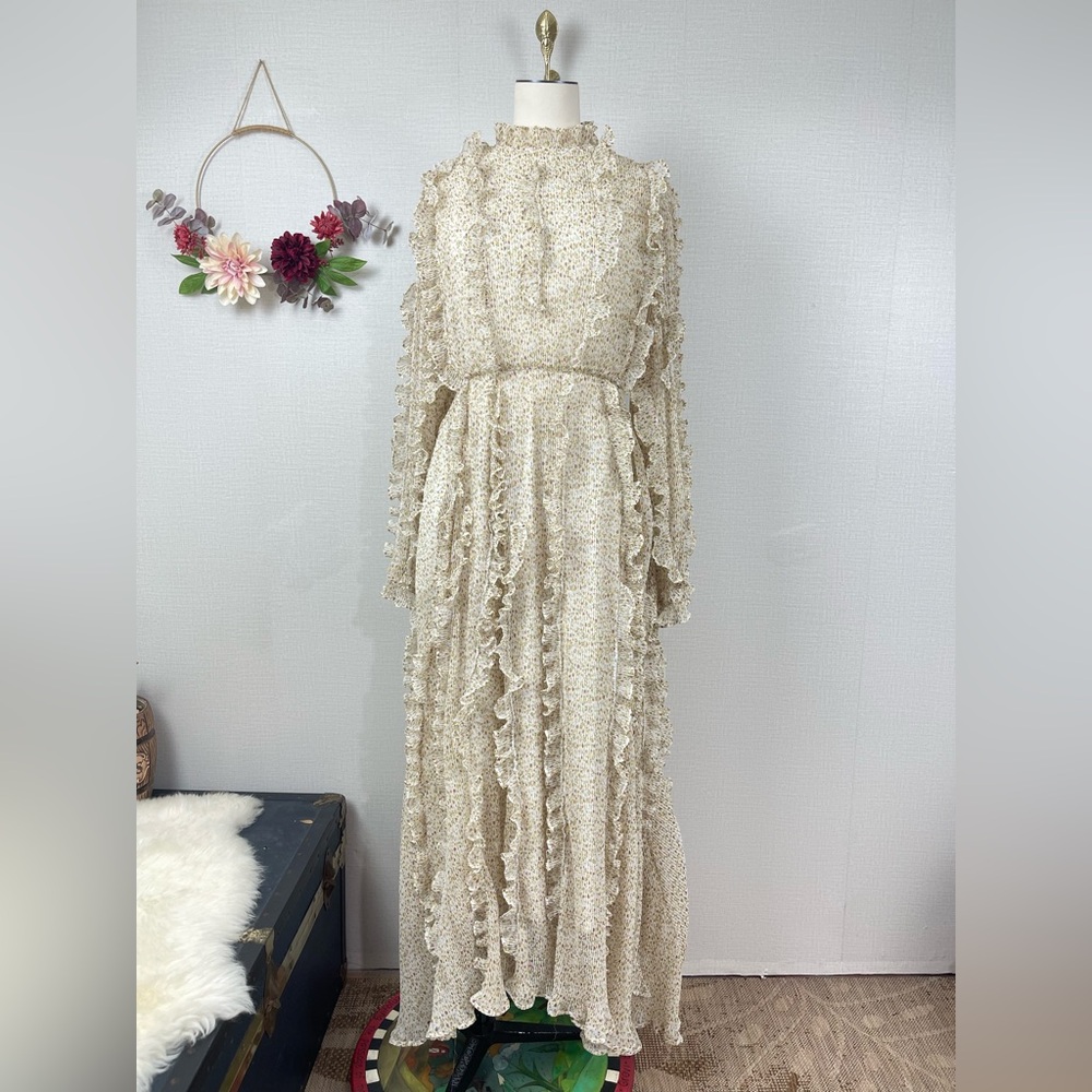 Cottagecore Womens Maxi Pleated Floral Dress size Small-Medium in soft yellow